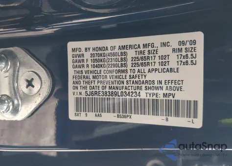 2009 Honda Cr-V Lx z USA, uszkodzony, nr VIN 5J6RE38389L034234